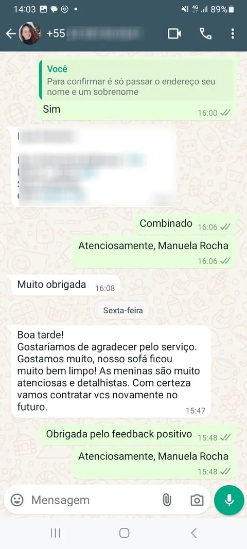Mensagem de cliente no WhatsApp agradecendo pela limpeza do sofá