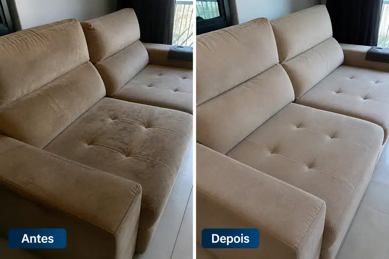 Sofá bege antes e depois da lavagem